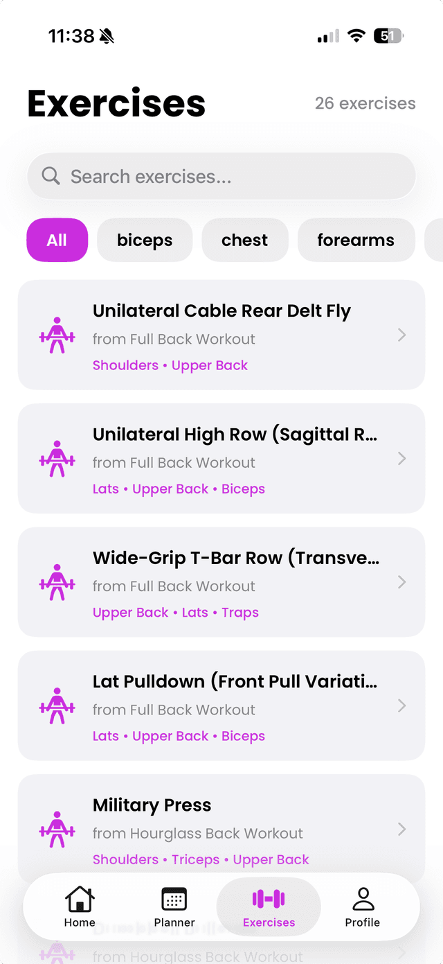 Gymdex Exercises Screen