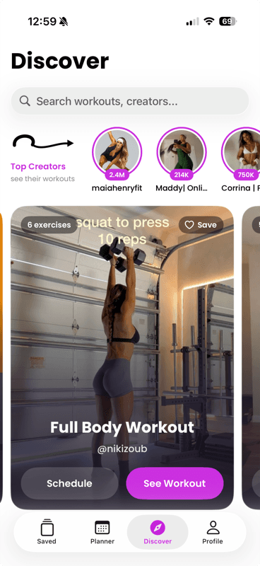 Gymdex Discover screen showing top fitness creators