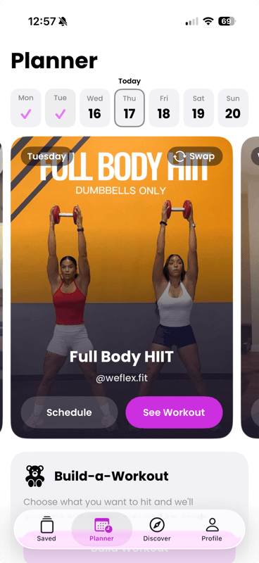 Gymdex Planner showing a week of scheduled workouts
