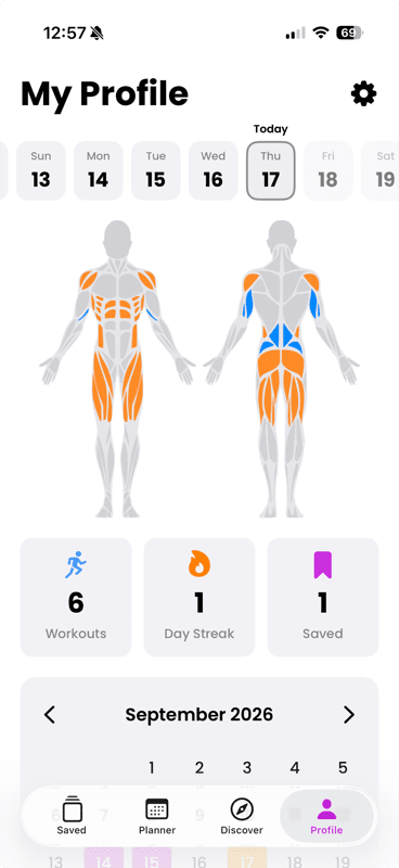 Gymdex profile showing trained muscles, workouts and streak
